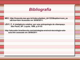 Bibliografia MEC,  http://tvescola.mec.gov.br/index.phpitem_id=1233&option=com_zo   o&view=item Acessado em 30/08/2011. LÉVY, P.  A inteligência coletiva : por uma antropologia do ciberspaço.  São Paulo, SP: Loyola, 1998, p.51-53 http://educador.brasilescola.com/estrategias-ensino/a-tecnologia-sala-   aula.htm acessado em 30/08/2011   