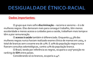 Dados importantes:

         O grupo que mais sofre discriminação – racismo e sexismo – é o de
mulheres negras. Elas demoram mais para conseguir trabalho, têm menos
escolaridade e menos acesso a cuidados para a saúde, trabalham mais tempo e
têm a pior remuneração.
         O acesso à saúde também é diferenciado. Enquanto 44,5% das
mulheres negras nunca haviam realizado exame clínico de mamas em 2004, o
total de brancas sem o exame era de 27%. E 20% da população negra nunca
fizeram consultas odontológicas, contra 12% da população branca.
         O Brasil, tendo por referência os negros, ocuparia a 105ª posição no
ranking de IDH entre países.
         Considerando só os brancos, ocuparia a 44ª.
 
