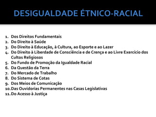 1. Dos Direitos Fundamentais
2. Do Direito à Saúde
3. Do Direito à Educação, à Cultura, ao Esporte e ao Lazer
4. Do Direito à Liberdade de Consciência e de Crença e ao Livre Exercício dos
   Cultos Religiosos
5. Do Fundo de Promoção da Igualdade Racial
6. Da Questão da Terra
7. Do Mercado de Trabalho
8. Do Sistema de Cotas
9. Dos Meios de Comunicação
10.Das Ouvidorias Permanentes nas Casas Legislativas
11.Do Acesso à Justiça
 