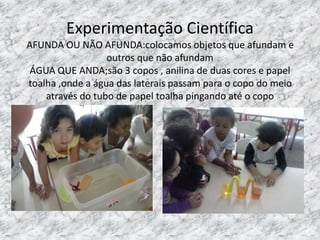 Experimentação Científica
AFUNDA OU NÃO AFUNDA:colocamos objetos que afundam e
outros que não afundam
ÁGUA QUE ANDA;são 3 copos , anilina de duas cores e papel
toalha ,onde a água das laterais passam para o copo do meio
através do tubo de papel toalha pingando até o copo
 
