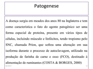 Patogenese
A doença surgiu em meados dos anos 80 na Inglaterra e tem
como característica o fato do agente patogênico ser uma
forma especial de proteína, presente em vários tipos de
células, incluindo músculo e linfócitos, tendo tropismo pelo
SNC, chamada Príon, que sofreu uma alteração em sua
isoforma durante o processo de autoclavagem, utilizado na
produção de farinha de carne e osso (FCO), destinado à
alimentação de ruminantes (COSTA & BORGES, 2000)
06/19/17 12
 