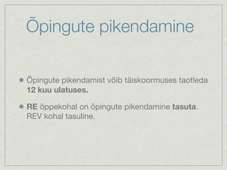 Õpingute pikendamine

Õpingute pikendamist võib täiskoormuses taotleda
12 kuu ulatuses.

RE õppekohal on õpingute pikendamine tasuta.
REV kohal tasuline.
 