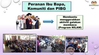 Peranan Ibu Bapa,
Komuniti dan PIBG
Membantu
menggerakkan
aktiviti galakan
membaca
(Program NILAM)
 