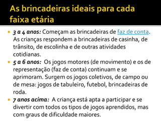  3 a 4 anos: Começam as brincadeiras de faz de conta.
As crianças respondem a brincadeiras de casinha, de
trânsito, de escolinha e de outras atividades
cotidianas.
 5 a 6 anos: Os jogos motores (de movimento) e os de
representação (faz de conta) continuam e se
aprimoram. Surgem os jogos coletivos, de campo ou
de mesa: jogos de tabuleiro, futebol, brincadeiras de
roda.
 7 anos acima: A criança está apta a participar e se
divertir com todos os tipos de jogos aprendidos, mas
com graus de dificuldade maiores.
 