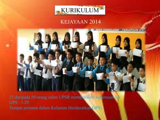 KEJAYAAN 2014
23 daripada 50 orang calon UPSR memperolehi keputusan 5A.
GPS : 1.29
Tempat pertama dalam Kelantan (berdasarkan GPS).
KURIKULUM
 