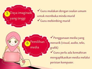 Daya imaginasi 
yang tinggi 
Guru mulakan dengan soalan umum 
untuk membuka minda murid 
Guru mebimbing murid 
5 
Pemilihan 
media 
6 
Penggunaan media yang 
menarik (visual, audio, teks, 
grafik) 
Guru perlu ada kemahiran 
mengaplikasikan media melalui 
perisian komputer. 
 