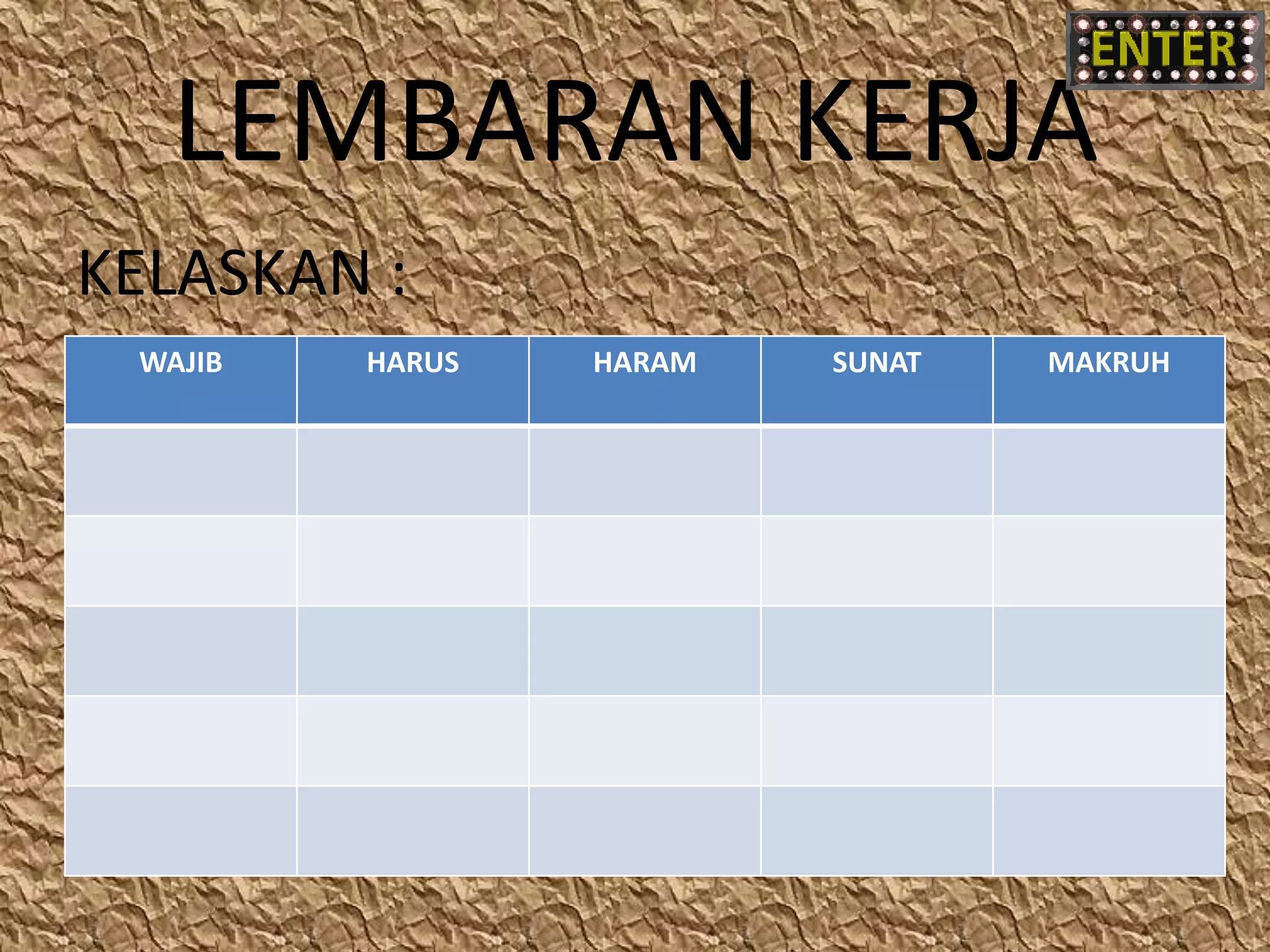 LEMBARAN KERJA
KELASKAN :
WAJIB HARUS HARAM SUNAT MAKRUH