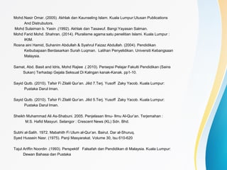 Mohd.Nasir Omar. (2005). Akhlak dan Kaunseling Islam. Kuala Lumpur:Utusan Publications
And Distrubutors.
Mohd Sulaiman b. Yasin .(1992). Akhlak dan Tasawuf. Bangi:Yayasan Salman.
Mohd Farid Mohd. Shahran. (2014). Pluralisme agama:satu penelitian Islami. Kuala Lumpur :
IKIM.
Rosna aini Hamid, Suhanim Abdullah & Syahrul Faizaz Abdullah. (2004). Pendidikan
Keibubapaan Berdasarkan Surah Luqman. Latihan Penyelidikan. Universiti Kebangsaan
Malaysia.
Samat, Abd. Basit and Idris, Mohd Rajiee .( 2010). Persepsi Pelajar Fakulti Pendidikan (Sains
Sukan) Terhadap Gejala Seksual Di Kalngan kanak-Kanak. pp1-10.
Sayid Qutb. (2010). Tafsir Fi Zilalil Qur’an. Jilid 7.Terj. Yusoff Zaky Yacob. Kuala Lumpur:
Pustaka Darul Iman.
Sayid Qutb. (2010). Tafsir Fi Zilalil Qur’an. Jilid 5.Terj. Yusoff Zaky Yacob. Kuala Lumpur:
Pustaka Darul Iman.
Sheikh Muhammad Ali As-Shabuni. 2005. Penjelasan Ilmu- Ilmu Al-Qur’an. Terjemahan :
M.S. Hafid Masyuri. Selangor : Crescent News (KL) Sdn. Bhd.
Subhi al-Salih. 1972. Mabahith Fi Ulum al-Qur’an. Bairut. Dar al-Shuruq.
Syed Hussein Nasr. (1975). Panji Masyarakat. Volume 30, Isu 610-620
Tajul Ariffin Noordin .(1993). Perspektif Falsafah dan Pendidikan di Malaysia. Kuala Lumpur:
Dewan Bahasa dan Pustaka
 