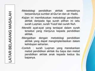 LATARBELAKANGMASALAH -Metodologi pendidikan akhlak semestinya
berpandunya sumber al-Qur’an dan al- Hadis.
-Kajian ini memfokuskan metodologi pendidikan
akhlak daripada tiga surah pilihan ini iaitu
surah Luqman, surah Yusof dan surah Nuh.
-Meneliti ayat-ayat yang terdapat dalam surah
tersebut yang menjurus kepada pendidikan
akhlak.
-Mengaitkan dengan metodologi pendidikan
akhlak yang dapat mengimplentasikan dalam
kehidupan seharian.
-Contoh : surah Luqman yang menekankan
metod pendidikan akhlak ibu bapa dan metod
pendidikan akhlak anak kepada kedua ibu
bapanya.
 