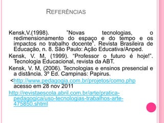 REFERÊNCIAS


Kensk,V.(1998).         ”Novas         tecnologias,   o
  redimensionamento do espaço e do tempo e os
  impactos no trabalho docente”. Revista Brasileira de
  Educação, n. 8. São Paulo: Ação Educativa/Anped.
Kensk, V. M, (1999). “Professor o futuro é hoje!”.
  Tecnologia Educacional, revista da ABT.
Kensk, V. M, (2006). Tecnologias e ensinos presencial e
  a distância. 3º Ed. Campinas: Papirus.
 <http://www.pedagogia.com.br/projetos/como.php
  acesso em 28 nov 2011
http://revistaescola.abril.com.br/arte/pratica-
  pedagogica/uso-tecnologias-trabalhos-arte-
  475850.shtml
 