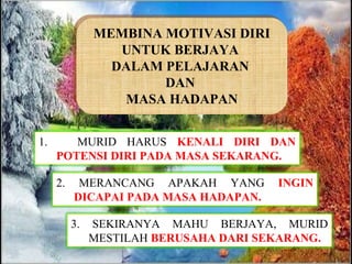 MEMBINA MOTIVASI DIRI
MEMBINA MOTIVASI DIRI
UNTUK BERJAYA
UNTUK BERJAYA
DALAM PELAJARAN
DALAM PELAJARAN
DAN
DAN
MASA HADAP...