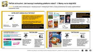 TikTok od kuchni: Jak tworzyć marketing platform video? // Mamy na to slajd #32
TikTok to źródło wielu edukacyjnych, merytorycznych i kreatywnych treści z dużą przestrzenią na rozwój użytkowników i
budowanie marki.
RED FLAGS
DOWIEDZ SIĘ WIĘCEJ, SŁUCHAJĄC AUDYCJI NASZEGO PODCASTU „MAMY NA TO SLAJD” by GOLDENSUBMARINE:
CZYM JEST UWAGA DLA TIKTOKA?
TIKTOK B2C
KREATOR I
TWÓRCA
źródło
Miary uwagi
Spędzony czas
na danej platformie
Koncentracja
użytkownika na
treściach
"Netflix niedawno przyznał, że ich konkurentem
jest nie tylko inny dostawca usług VOD, ale
także TikTok - w końcu walutą dla obu
gigantów jest uwaga odbiorcy."
"40% użytkowników platformy między 18 a 55
rokiem życia postrzega TikToka jako miejsce
„gwarantowanej rozrywki”
TikTok oferuje wiele treści edukacyjnych
z prawa, gotowania, sprzątania, finansów,
sportu a nawet edukacją seksualną.
TIKTOK B2B
Wyzwania Rozwiązanie
Mity na temat platformy
związane z jej pierwszą
wersją "Musicaly".
Utarte przekonanie, że
TikTok jest tylko dla
dzieci
i młodzieży.
Edukacja klientów B2B.
Ciągłe ukazywanie
nowych danych
i faktów, że TikTok to
platforma, która ma
bardzo duże zasięgi
i potencjał na zbudowanie
świadomości u
konsumentów.
"Badanie Nielsena udowadnia, że
użytkownicy z całego świata uważają
treści udostępniane na TikToku za
autentyczne, szczere, niefiltrowane i
wyznaczające trendy"
TikTok ma ambicję na to, by pojawiać się wtedy,
gdy użytkownicy potrzebują rozrywki. W ten sposób
chce wykraczać poza swoją konkurencję!
źródło
źródło
Wyzwania Rozwiązanie
Ciągła potrzeba większej
liczby użytkowników.
Przełamywanie barier
wizerunkowaych
związanych z
postrzeganiem platformy
przez różne segmenty
odbiorców
Prace nad wysokiej jakości
kontentem, współpraca z
twórcami, edukacja odnośnie b
ezpieczeństwa treści, zasad
community, projekty PRowe
(np. książka kucharska
TikToka, projekty
cyberbezpieczeństwa)
(TikTok sponsorem
Euro 2020)
źródło
TikTok to już nie tylko
tańce! Rozrywka jest wciąż
wszechobecna, ale obecnie oferuje
wiele więcej!
 