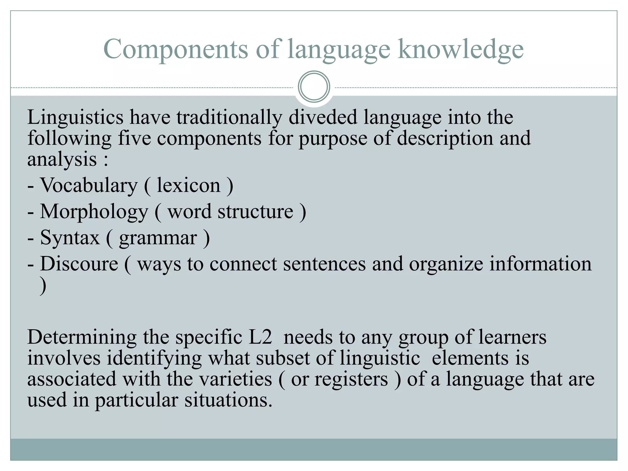 Components of language knowledge
Linguistics have traditionally diveded language into the
following five components for purpose of description and
analysis :
- Vocabulary ( lexicon )
- Morphology ( word structure )
- Syntax ( grammar )
- Discoure ( ways to connect sentences and organize information
)
Determining the specific L2 needs to any group of learners
involves identifying what subset of linguistic elements is
associated with the varieties ( or registers ) of a language that are
used in particular situations.
 