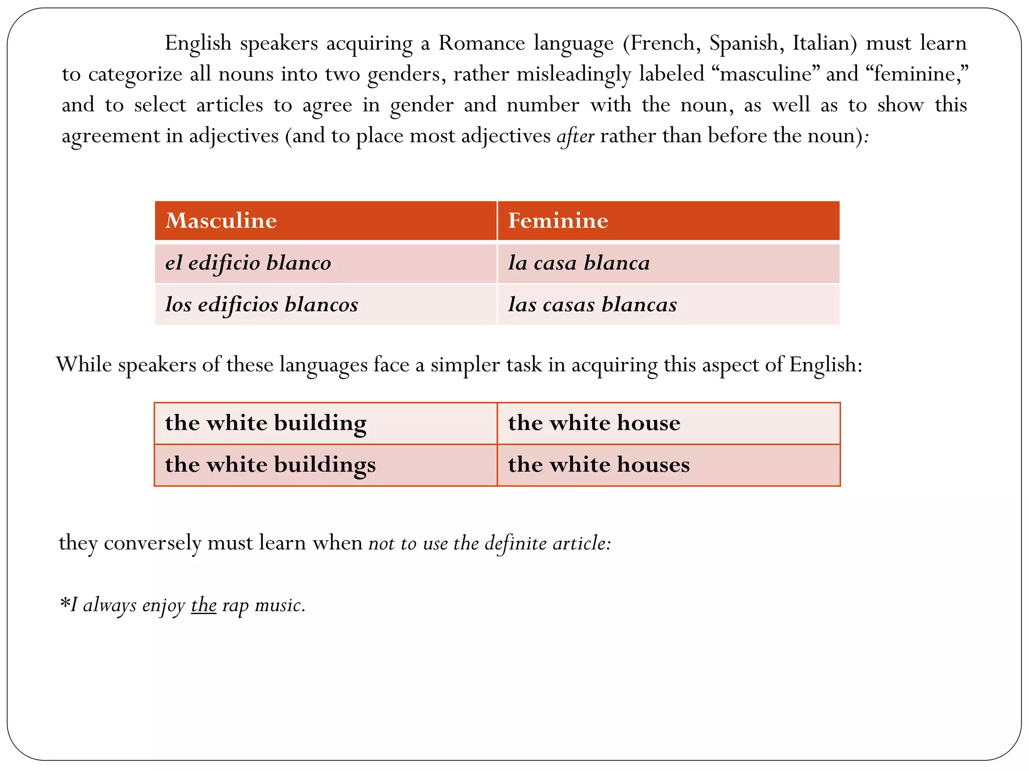 English speakers acquiring a Romance language (French, Spanish, Italian) must learn
to categorize all nouns into two genders, rather misleadingly labeled “masculine” and “feminine,”
and to select articles to agree in gender and number with the noun, as well as to show this
agreement in adjectives (and to place most adjectives after rather than before the noun):
the white building the white house
the white buildings the white houses
While speakers of these languages face a simpler task in acquiring this aspect of English:
Masculine Feminine
el edificio blanco la casa blanca
los edificios blancos las casas blancas
they conversely must learn when not to use the definite article:
*I always enjoy the rap music.
 