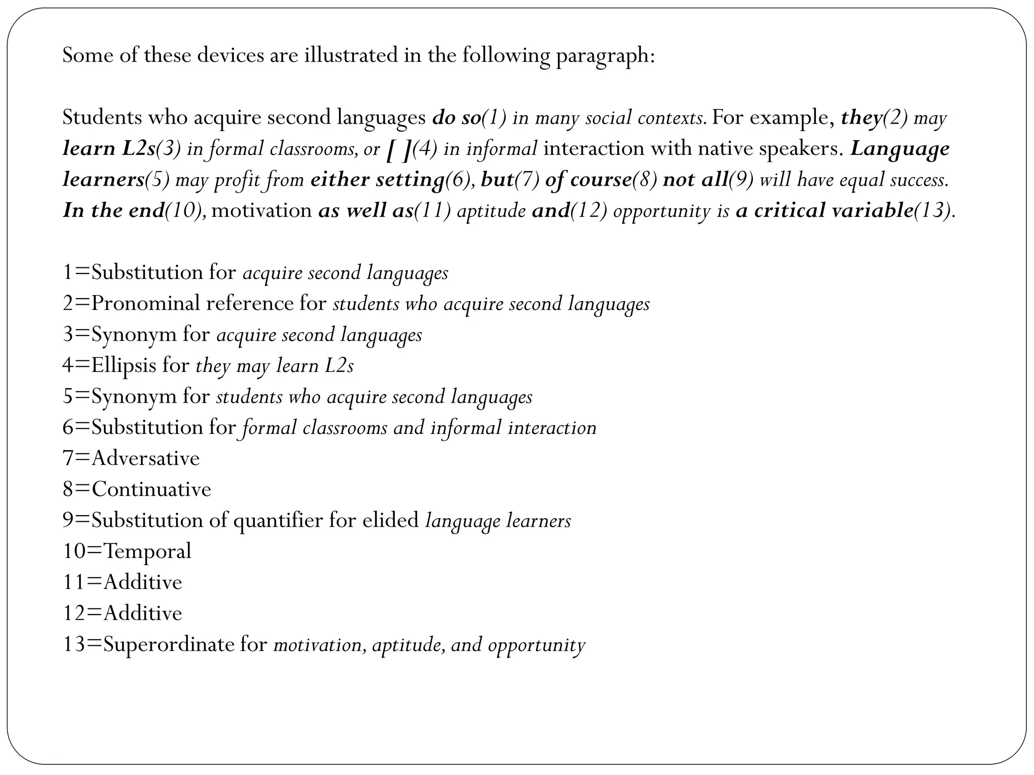 Some of these devices are illustrated in the following paragraph:
Students who acquire second languages do so(1) in many social contexts.For example, they(2) may
learn L2s(3) in formal classrooms,or [ ](4) in informal interaction with native speakers. Language
learners(5) may profit from either setting(6),but(7) of course(8) not all(9) will have equal success.
In the end(10),motivation as well as(11) aptitude and(12) opportunity is a critical variable(13).
1=Substitution for acquire second languages
2=Pronominal reference for students who acquire second languages
3=Synonym for acquire second languages
4=Ellipsis for they may learn L2s
5=Synonym for students who acquire second languages
6=Substitution for formal classrooms and informal interaction
7=Adversative
8=Continuative
9=Substitution of quantifier for elided language learners
10=Temporal
11=Additive
12=Additive
13=Superordinate for motivation,aptitude,and opportunity
 