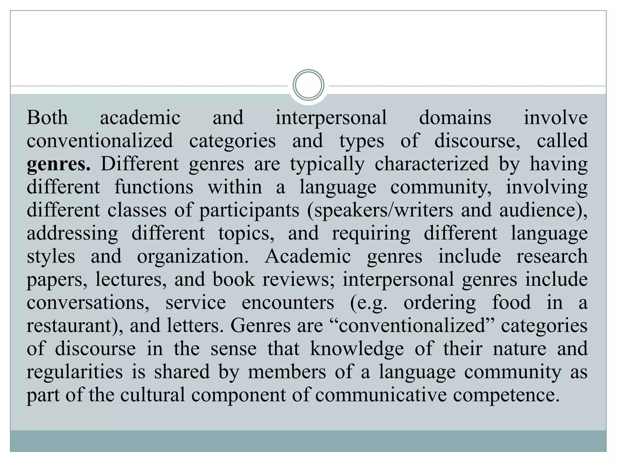 Both academic and interpersonal domains involve
conventionalized categories and types of discourse, called
genres. Different genres are typically characterized by having
different functions within a language community, involving
different classes of participants (speakers/writers and audience),
addressing different topics, and requiring different language
styles and organization. Academic genres include research
papers, lectures, and book reviews; interpersonal genres include
conversations, service encounters (e.g. ordering food in a
restaurant), and letters. Genres are “conventionalized” categories
of discourse in the sense that knowledge of their nature and
regularities is shared by members of a language community as
part of the cultural component of communicative competence.
 