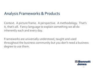 Analysis Frameworks & Products
Context. A picture frame. A perspective. A methodology. That’s
it, that’s all. Fancy language to explain something we all do
inherently each and every day.
Frameworks are universally understood, taught and used
throughout the business community but you don’t need a business
degree to use them.

23

 