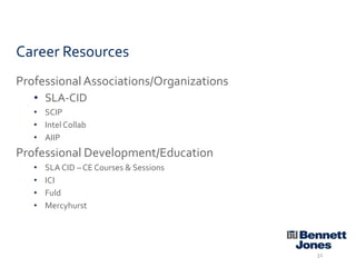 Career Resources
Professional Associations/Organizations
• SLA-CID
• SCIP
• Intel Collab
• AIIP

Professional Development/Education
•
•
•
•

SLA CID – CE Courses & Sessions
ICI
Fuld
Mercyhurst

32

 