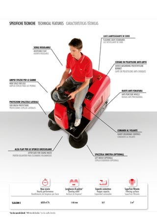 PROTECCIONES CEPILLOS LATERALES
SIDE BRUSH PROTECTIONS
SPECIFICHE TECNICHE TECHNICAL FEATURES CARACTERÍSTICAS TÉCNICAS
Resa oraria
Hourly performance
Rendimiento de limpieza por hora
Larghezza di pulizia*
Cleaning width*
Anchura de limpieza*
Capacità contenitore
Hopper capacity
Capacidad contenedor
Superficie filtrante
Filtering surfaces
Superficie filtrante
SLALOM E 6050 m2/h 1100 mm 50 l 3 m2
mm
PROTEZIONI SPAZZOLE LATERALI
SEDILE REGOLABILE
ASIENTO REGULABLE
LUCE LAMPEGGIANTE DI SERIE
LUZ DESTELLANTE DE SERIE
FLASHING LIGHT (STANDARD)
ADJUSTABLE SEAT
SPAZZOLA SINISTRA (OPTIONAL)
LEFT BRUSH (OPTIONAL)
CEPILLO IZQUIERDO (OPCIONAL)
RUOTE ANTI FORATURA
RUEDAS ANTI PINCHADURAS
ANTI-PUNCTURE WHEELS
COFANO IN POLIETILENE ANTI-URTO
CAPÓ EN POLIETILENO ANTI-CHOQUES
AMPIO SPAZIO PER LE GAMBE
WIDE SPACE FOR LEGS
AMPLIO ESPACIO PARA LAS PIERNAS
ALZA FLAP PER LO SPORCO GROSSOLANO
PORTÓN DELANTERO PARA ESCOMBROS VOLUMINOSOS
LITTER GATE FOR COARSE WASTE
COMANDI AL VOLANTE
HANDY ERGONOMIC CONTROLS
COMANDOS AL VOLANTE
SHOCK ABSORBING POLYETHYLENE
BONNET
*Con due spazzole laterali *With two side brushes *Con dos cepillos laterales
 