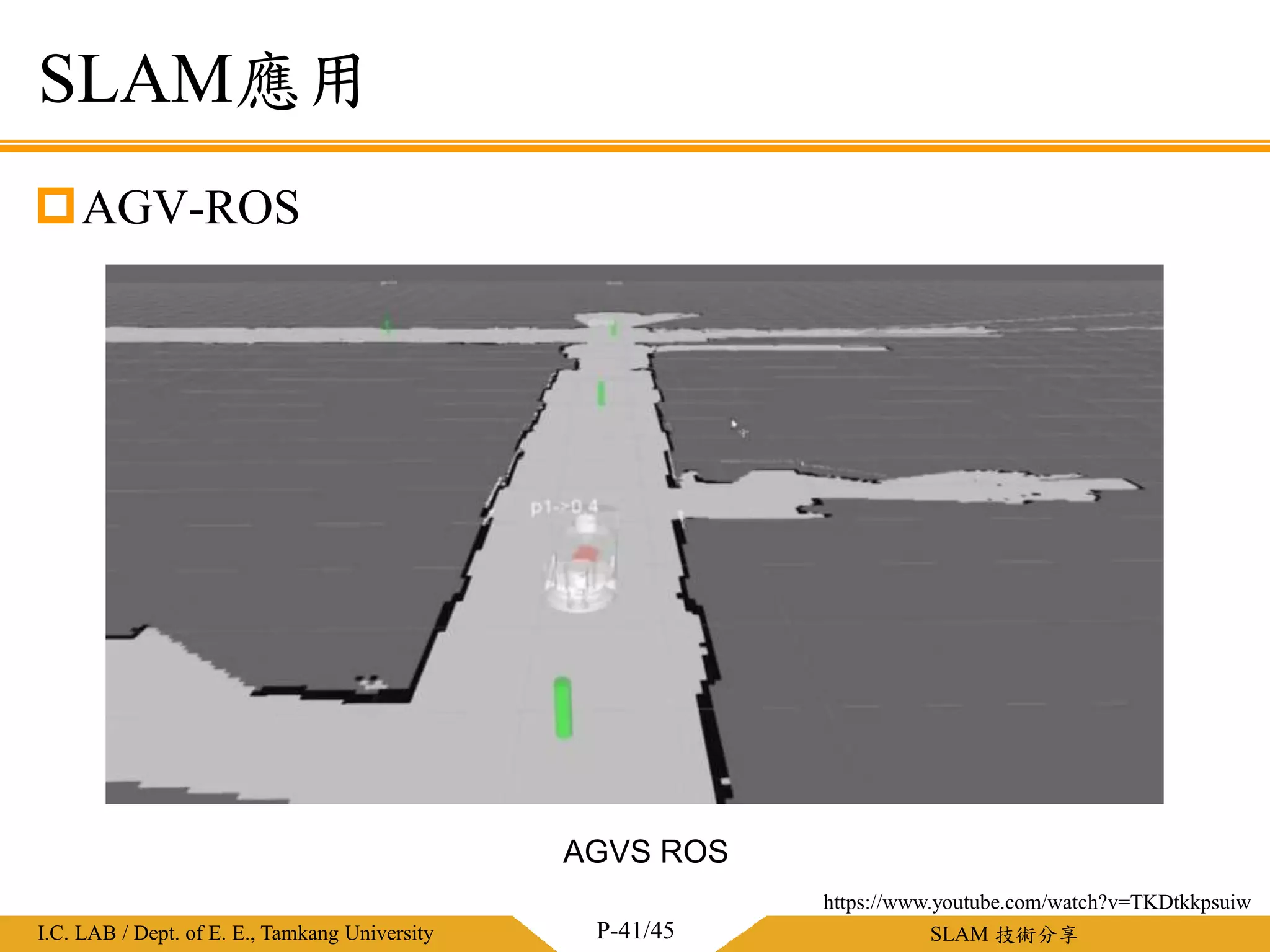 淡江大學電機工程學系 / 智慧型控制實驗室I.C. LAB / Dept. of E. E., Tamkang University SLAM 技術分享
SLAM應用
AGV-ROS
P-41/45
AGVS ROS
https://www.youtube.com/watch?v=TKDtkkpsuiw
 
