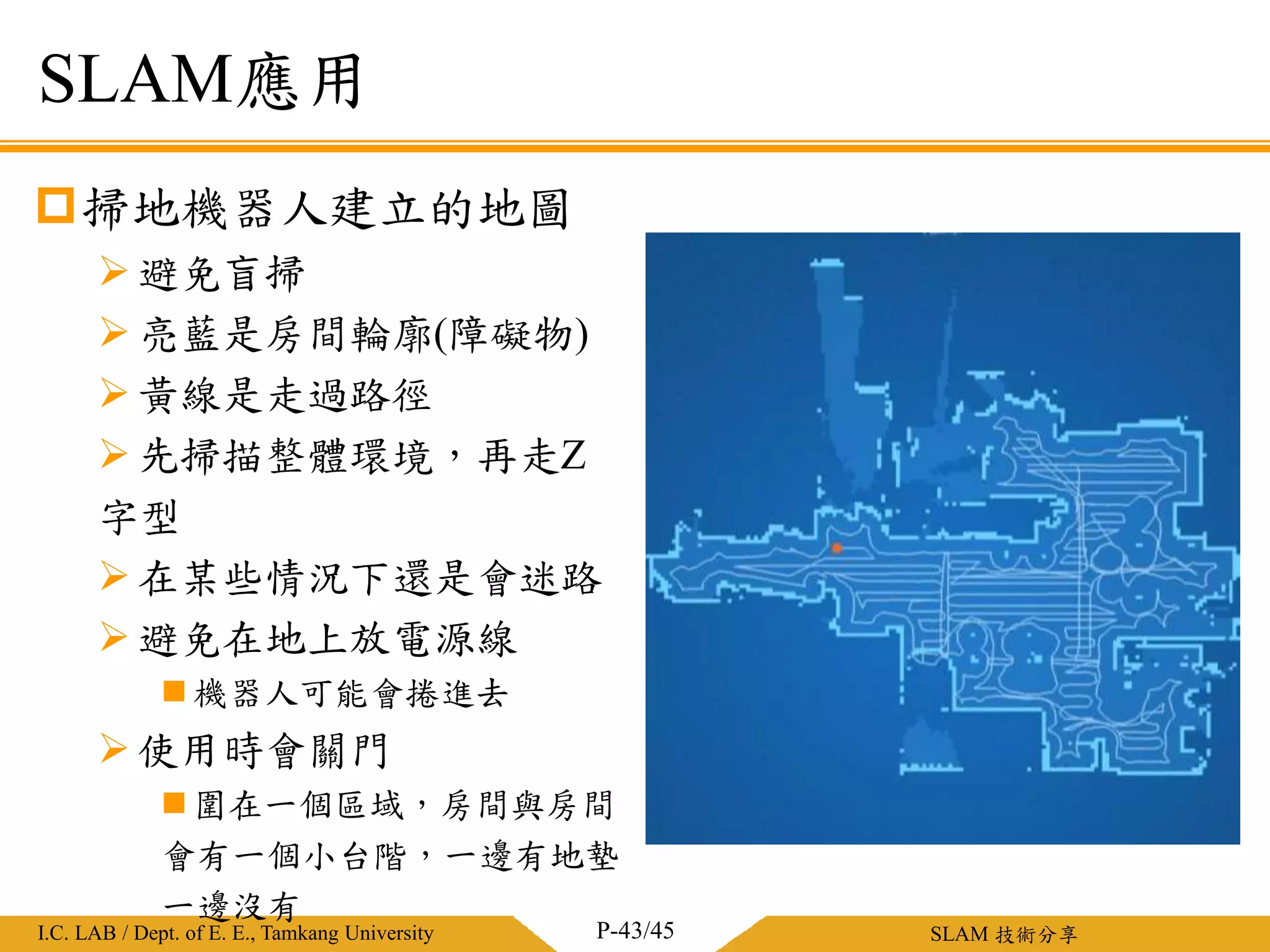 淡江大學電機工程學系 / 智慧型控制實驗室I.C. LAB / Dept. of E. E., Tamkang University SLAM 技術分享
SLAM應用
掃地機器人建立的地圖
避免盲掃
亮藍是房間輪廓(障礙物)
黃線是走過路徑
先掃描整體環境，再走Z
字型
在某些情況下還是會迷路
避免在地上放電源線
 機器人可能會捲進去
使用時會關門
 圍在一個區域，房間與房間
會有一個小台階，一邊有地墊
一邊沒有
P-43/45
 