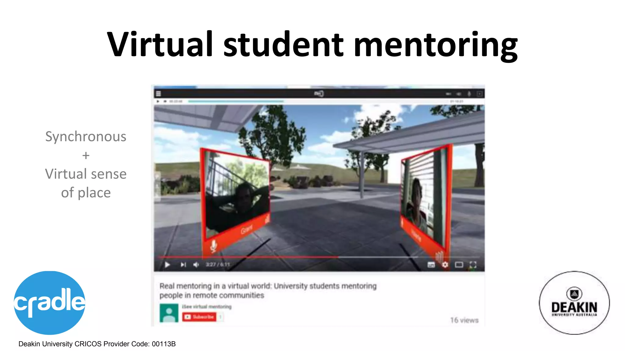 Deakin University CRICOS Provider Code: 00113B
Virtual student mentoring
Synchronous
+
Virtual sense
of place
 