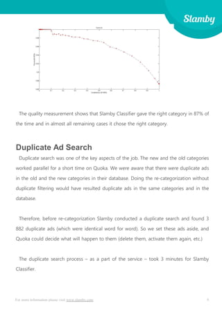 6For more information please visit www.slamby.com
The quality measurement shows that Slamby Classifier gave the right category in 87% of
the time and in almost all remaining cases it chose the right category.
Duplicate Ad Search
Duplicate search was one of the key aspects of the job. The new and the old categories
worked parallel for a short time on Quoka. We were aware that there were duplicate ads
in the old and the new categories in their database. Doing the re-categorization without
duplicate filtering would have resulted duplicate ads in the same categories and in the
database.
Therefore, before re-categorization Slamby conducted a duplicate search and found 3
882 duplicate ads (which were identical word for word). So we set these ads aside, and
Quoka could decide what will happen to them (delete them, activate them again, etc.)
The duplicate search process – as a part of the service – took 3 minutes for Slamby
Classifier.
 