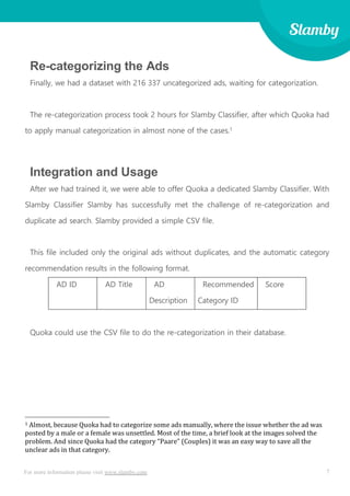 7For more information please visit www.slamby.com
Re-categorizing the Ads
Finally, we had a dataset with 216 337 uncategorized ads, waiting for categorization.
The re-categorization process took 2 hours for Slamby Classifier, after which Quoka had
to apply manual categorization in almost none of the cases.1
Integration and Usage
After we had trained it, we were able to offer Quoka a dedicated Slamby Classifier. With
Slamby Classifier Slamby has successfully met the challenge of re-categorization and
duplicate ad search. Slamby provided a simple CSV file.
This file included only the original ads without duplicates, and the automatic category
recommendation results in the following format.
AD ID AD Title AD
Description
Recommended
Category ID
Score
Quoka could use the CSV file to do the re-categorization in their database.
1 Almost, because Quoka had to categorize some ads manually, where the issue whether the ad was
posted by a male or a female was unsettled. Most of the time, a brief look at the images solved the
problem. And since Quoka had the category “Paare” (Couples) it was an easy way to save all the
unclear ads in that category.
 