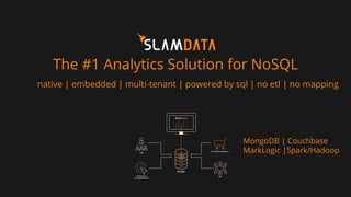 The #1 Analytics Solution for NoSQL
native | embedded | multi-tenant | powered by sql | no etl | no mapping
MongoDB | Couchbase
MarkLogic |Spark/Hadoop
 