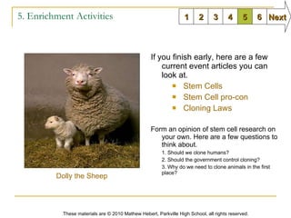 5. Enrichment Activities If you finish early, here are a few current event articles you can look at.  Stem Cells Stem Cell pro-con Cloning Laws Form an opinion of stem cell research on your own. Here are a few questions to think about. 1. Should we clone humans? 2. Should the government control cloning? 3. Why do we need to clone animals in the first place? 1 2 3 6 5 4 Next These materials are © 2010 Mathew Hebert, Parkville High School, all rights reserved. Dolly the Sheep 