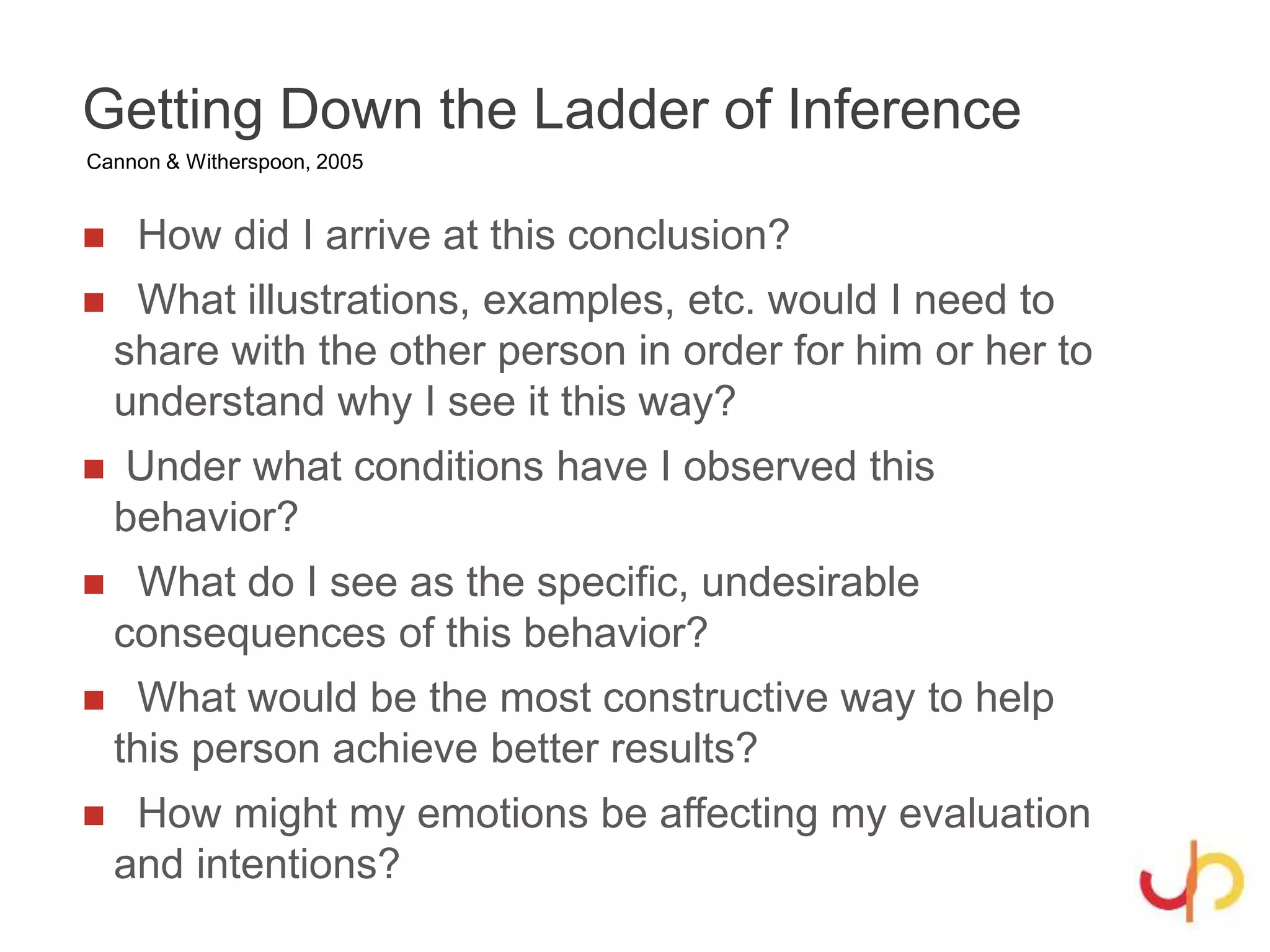 Getting Down the Ladder of Inference
 How did I arrive at this conclusion?
 What illustrations, examples, etc. would I need to
share with the other person in order for him or her to
understand why I see it this way?
 Under what conditions have I observed this
behavior?
 What do I see as the specific, undesirable
consequences of this behavior?
 What would be the most constructive way to help
this person achieve better results?
 How might my emotions be affecting my evaluation
and intentions?
Cannon & Witherspoon, 2005
 