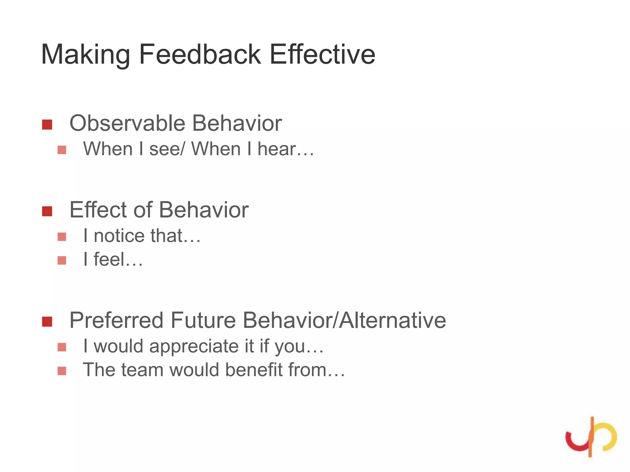 Making Feedback Effective
 Observable Behavior
 When I see/ When I hear…
 Effect of Behavior
 I notice that…
 I feel…
 Preferred Future Behavior/Alternative
 I would appreciate it if you…
 The team would benefit from…
 