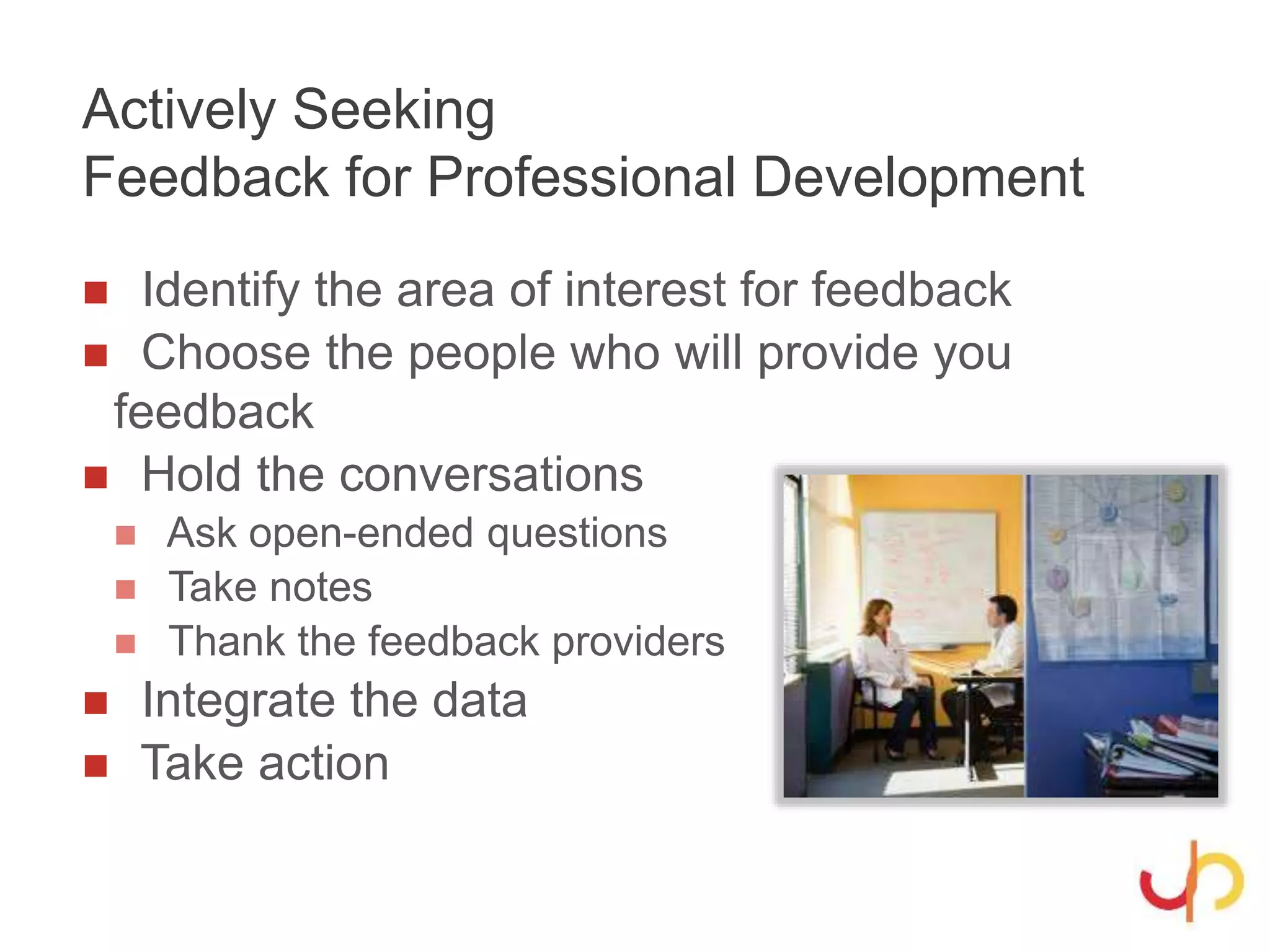 Actively Seeking
Feedback for Professional Development
 Identify the area of interest for feedback
 Choose the people who will provide you
feedback
 Hold the conversations
 Ask open-ended questions
 Take notes
 Thank the feedback providers
 Integrate the data
 Take action
 