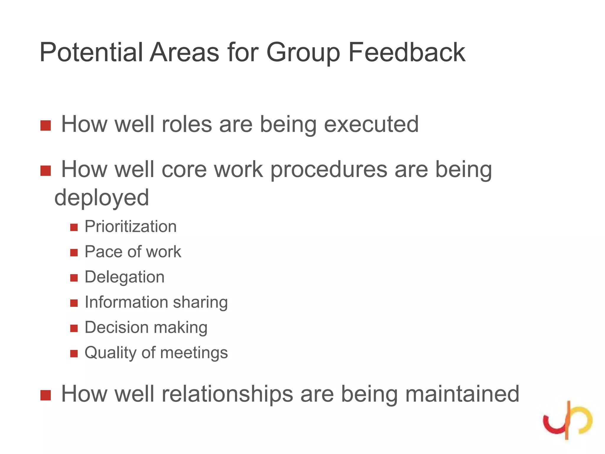 Potential Areas for Group Feedback
 How well roles are being executed
 How well core work procedures are being
deployed
 Prioritization
 Pace of work
 Delegation
 Information sharing
 Decision making
 Quality of meetings
 How well relationships are being maintained
 