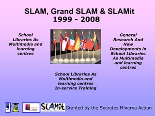 General
Research And
New
Developments in
School Libraries
As Multimedia
and learning
centres
SLAM, Grand SLAM & SLAMit
1999 - 2008
Granted by the Socrates Minerva Action
School
Libraries As
Multimedia and
learning
centres
School Libraries As
Multimedia and
learning centres
In-service Training
 