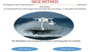 DECK WETNESS
The shipping of green water because of the Forward deck relative motion to the wave surface is defined as
deck wetness.
It is determined by the relative height of the deck above the ocean surface i.e. the height of the freeboard
The Probability of increasing deck wetness is determined by two methods.
STATIC SWELL-UP DYNAMIC SWELL-UP
 