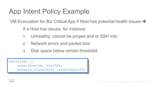 VM Evacuation for Biz Critical App if Host has potential health issues 
App Intent Policy Example
error(vm) :-
nova:show(vm, hostID),
monasca_alarm:host_issues(hostID)
If a Host has issues, for instance:
1. Unhealthy: cannot be pinged and or SSH into
2. Network errors and packet loss
3. Disk space below certain threshold
 