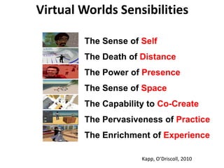 Virtual Worlds Sensibilities

        The Sense of Self
        The Death of Distance
        The Power of Presence
        The Sense of Space
        The Capability to Co-Create
        The Pervasiveness of Practice
        The Enrichment of Experience

                     Kapp, O’Driscoll, 2010
 
