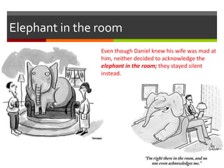 Elephant in the room
Even though Daniel knew his wife was mad at
him, neither decided to acknowledge the
elephant in the room; they stayed silent
instead.
 