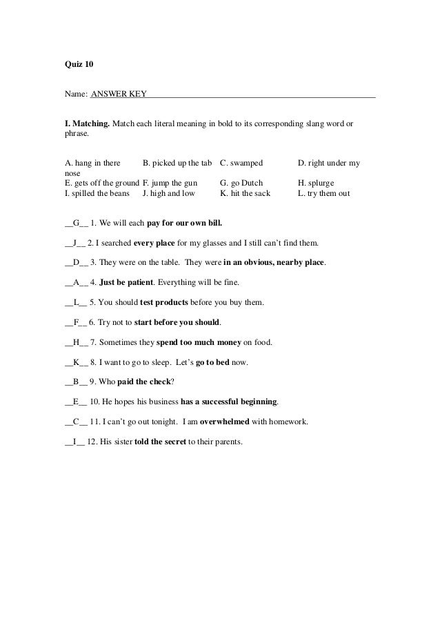 slang worksheets quizzes