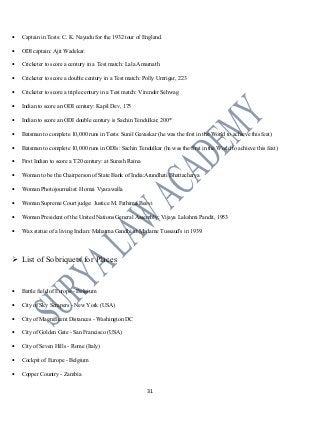 • Captain in Tests: C. K. Nayudu for the 1932 tour of England.
• ODI captain: Ajit Wadekar.
• Cricketer to score a century in a Test match: Lala Amarnath
• Cricketer to score a double century in a Test match: Polly Umrigar, 223
• Cricketer to score a triple century in a Test match: Virender Sehwag
• Indian to score an ODI century: Kapil Dev, 175
• Indian to score an ODI double century is Sachin Tendulkar, 200*
• Batsman to complete 10,000 runs in Tests: Sunil Gavaskar (he was the first in the World to achieve this feat)
• Batsman to complete 10,000 runs in ODIs: Sachin Tendulkar (he was the first in the World to achieve this feat)
• First Indian to score a T20 century: at Suresh Raina
• Woman to be the Chairperson of State Bank of India:Arundhati Bhattacharya
• Woman Photojournalist: Homai Vyarawalla
• Woman Supreme Court judge: Justice M. Fathima Beevi
• Woman President of the United Nations General Assembly: Vijaya Lakshmi Pandit, 1953
• Wax statue of a living Indian: Mahatma Gandhi at Madame Tussaud's in 1939.
 List of Sobriquets for Places
• Battle field of Europe - Belgium
• City of Sky Scrapers - New York (USA)
• City of Magnificent Distances - Washington DC
• City of Golden Gate - San Francisco (USA)
• City of Seven Hills - Rome (Italy)
• Cockpit of Europe - Belgium
• Copper Country - Zambia
31
 