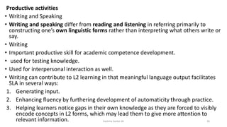 Productive activities
• Writing and Speaking
• Writing and speaking differ from reading and listening in referring primarily to
constructing one’s own linguistic forms rather than interpreting what others write or
say.
• Writing
• Important productive skill for academic competence development.
• used for testing knowledge.
• Used for interpersonal interaction as well.
• Writing can contribute to L2 learning in that meaningful language output facilitates
SLA in several ways:
1. Generating input.
2. Enhancing fluency by furthering development of automaticity through practice.
3. Helping learners notice gaps in their own knowledge as they are forced to visibly
encode concepts in L2 forms, which may lead them to give more attention to
relevant information. Kashma Sardar Ali 36
 