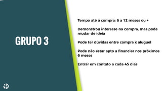 GRUPO 3
Tempo até a compra: 6 a 12 meses ou +
Demonstrou interesse na compra, mas pode
mudar de ideia
Pode ter dúvidas entre compra x aluguel
Pode não estar apto a ﬁnanciar nos próximos
6 meses
Entrar em contato a cada 45 dias
 
