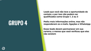GRUPO 4
Leads que você não teve a oportunidade de
contato, e por isso não podem ser
qualiﬁcados como Grupo 1, 2 ou 3
Pediu mais informações online, mas não
responderam os e-mails, ligações e WhatsApp
Esses leads devem permanecer em sua
carteira, a menos que você veriﬁcou que eles
não existem
 