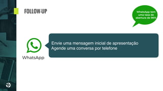FOLLOW-UP
Envie uma mensagem inicial de apresentação
Agende uma conversa por telefone
WhatsApp
WhatsApp tem
uma taxa de
abertura de 96%
 