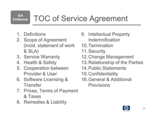TOC of Service Agreement
   SLA
Conference



  1. Definitions                 9. Intellectual Property
  2. Scope of Agreement              Indemnification
     (incld. statement of work   10. Termination
     & SLA)                      11. Security
  3. Service Warranty            12. Change Management
  4. Health & Safety             13. Relationship of the Parties
  5. Cooperation between         14. Public Statements
     Provider & User             15. Confidentiality
  6. Software Licensing &        16. General & Additional
     Transfer                        Provisions
  7. Prices, Terms of Payment
     & Taxes
  8. Remedies & Liability
                                                               16
 