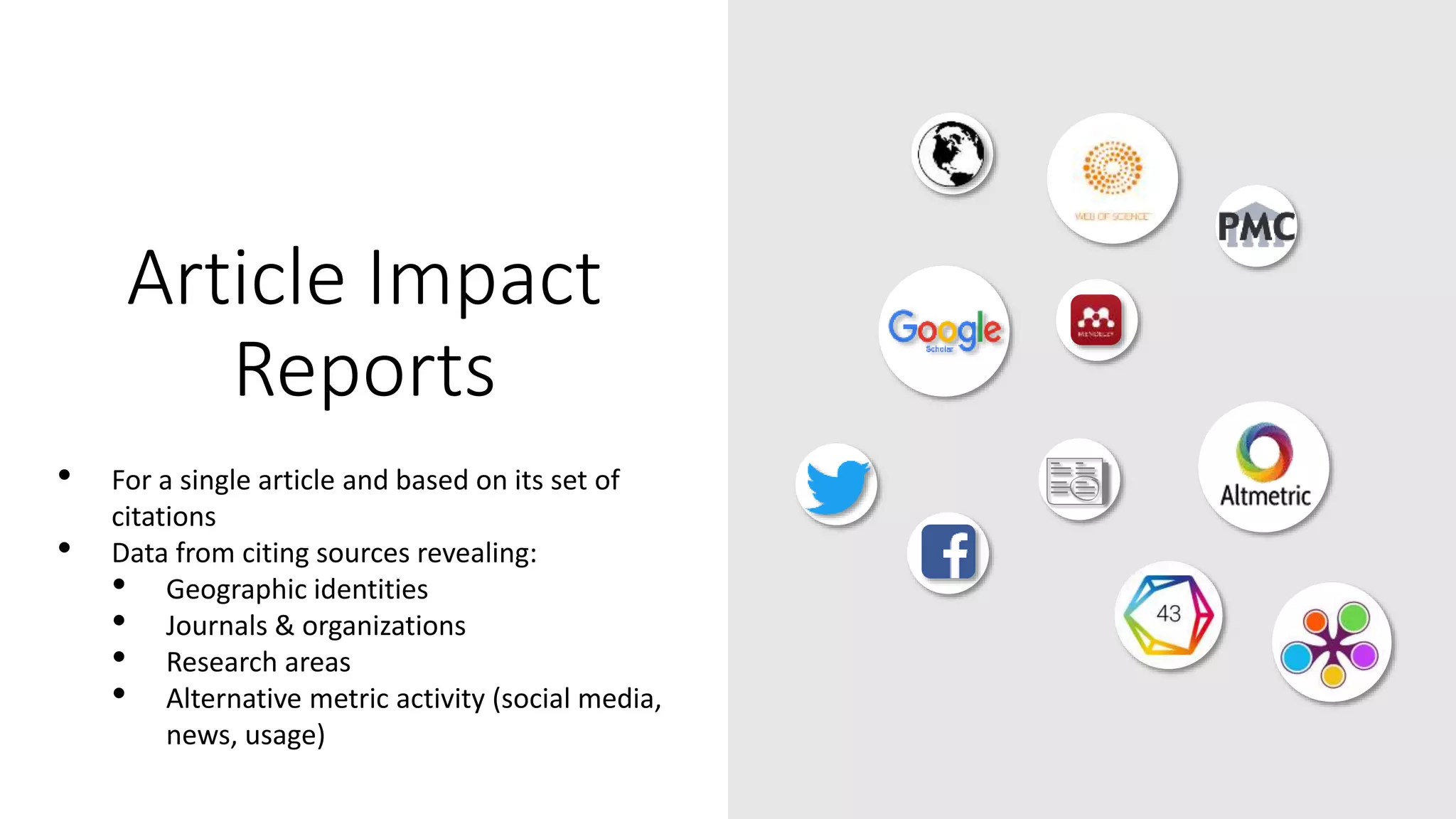 Article Impact
Reports
• For a single article and based on its set of
citations
• Data from citing sources revealing:
• Geographic identities
• Journals & organizations
• Research areas
• Alternative metric activity (social media,
news, usage)

 