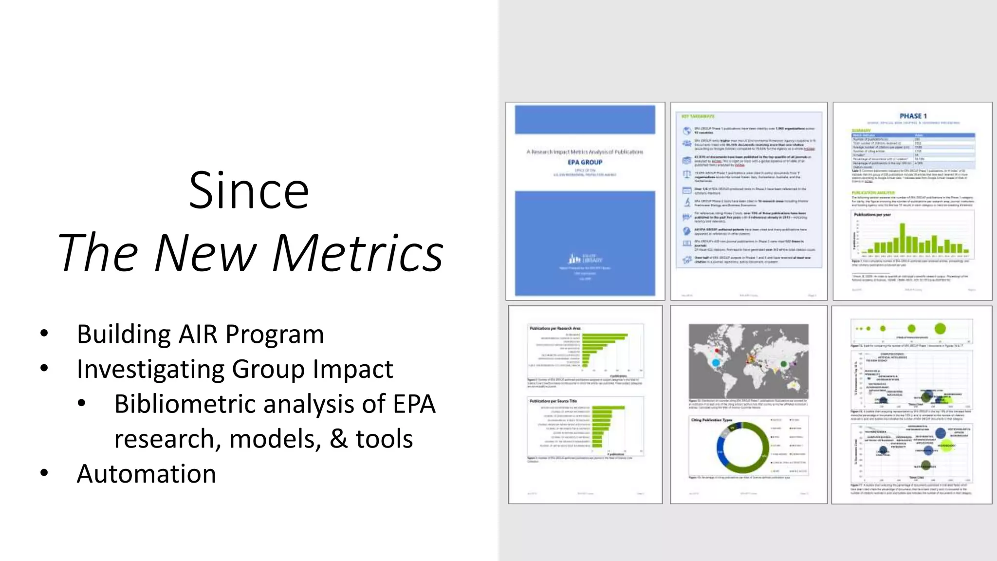 Since
The New Metrics
• Building AIR Program
• Investigating Group Impact
• Bibliometric analysis of EPA
research, models, & tools
• Automation
 