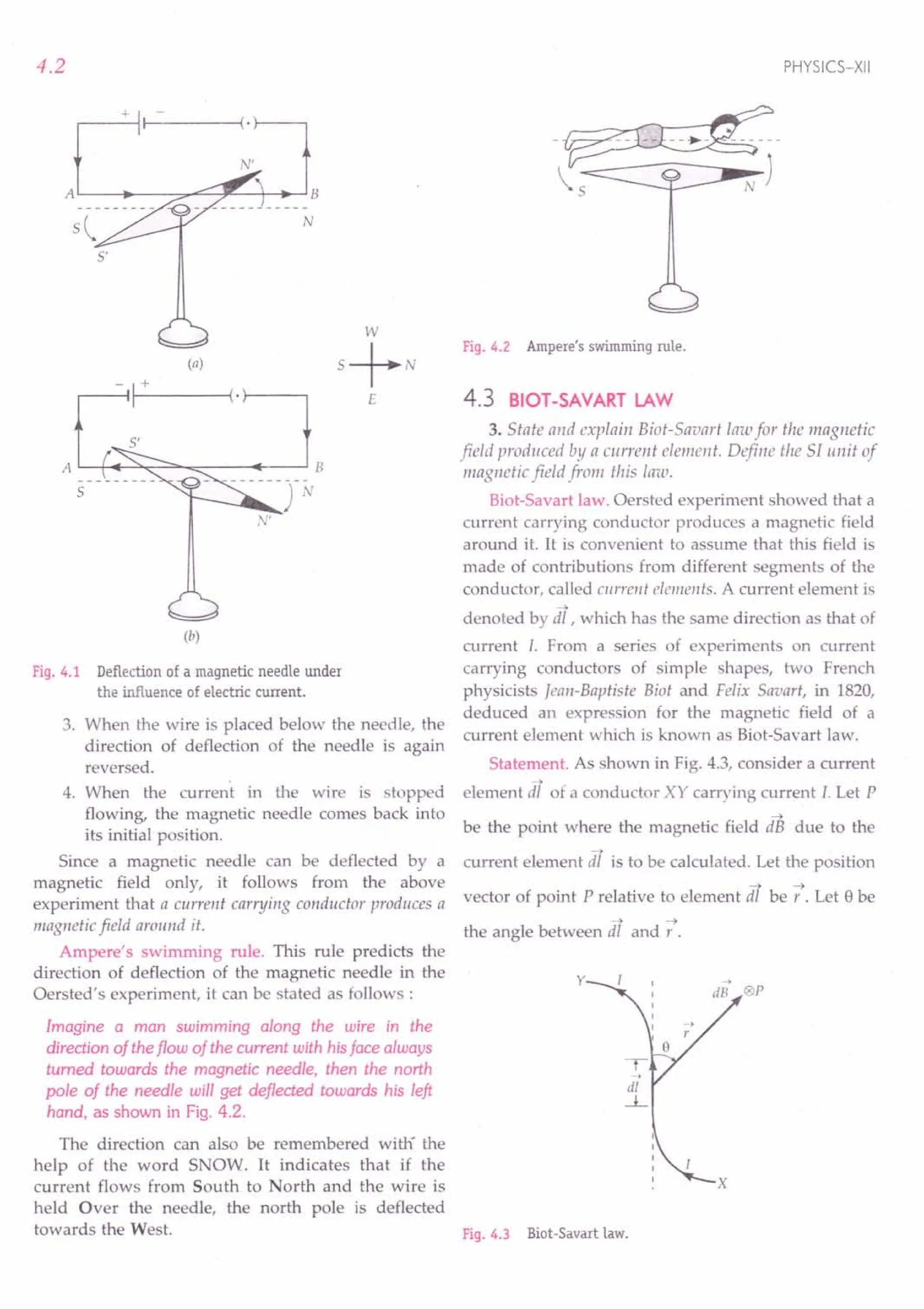3. When the wire is placed below the needle, the
direction of deflection of the needle is again
reversed.
4. When the current in the wire is stopped
flowing, the magnetic needle comes back into
its initial position.
Since a magnetic needle can be deflected by a
magnetic field only, it follows from the above
experiment that a current carrying conductor produces a
magnetic field around it.
Ampere's swimming rule. This rule predicts the
direction of deflection of the magnetic needle in the
Oersted's experiment, it can be stated as follows:
Imagine a man swimming along the wire in the
direction of the flow of the current with his face always
turned towards the magnetic needle, then the north
pole of the needle will get deflected towards his left
hand, as shown in Fig. 4.2.
The direction can also be remembered with' the
help of the word SNOW. It indicates that if the
current flows from South to North and the wire is
held Over the needle, the north pole is deflected
towards the West. Fig. 4.3 Biot-Savart law.
4.2
r----+~r-------~(.r---,
N'
AL---~--~~~~~r;~B
N
5'
(a)
- I-+-----i(· }----,
A L-~~~~~=-----~--~ B
5
.J'
(b)
Fig. 4.1 Deflection of a magnetic needle under
the influence of electric current.
PHYSICS-XII
Fig. 4.2 Ampere's swimming rule.
4.3 BIOT-SAVART LAW
3. State and explain Bioi-Saoart law for the magnetic
field produced by a current element. Define the Sf unit of
magnetic field from this law.
Biot-Savart law. Oersted experiment showed that a
current carrying conductor produces a magnetic field
around it. It is convenient to assume that this field is
made of contributions from different segments of the
conductor. called current elements. A current element is
denoted by di, which has the same direction as that of
current 1. From a series of experiments on current
carrying conductors of simple shapes, two French
physicists Jean-Baptiste Biot and Felix Savart, in 1820,
deduced an expression for the magnetic field of a
current element which is known as Biot-Savart law.
Statement. As shown in Fig. 4.3, consider a current
-4
element dl of a conductor XY carrying current l. Let P
-4
be the point where the magnetic field dB due to the
-4
current element dl is to be calculated. Let the position
vector of point P relative to element df be 7. Let 8 be
-4 -4
the angle between dl and r .
y
®P
 
