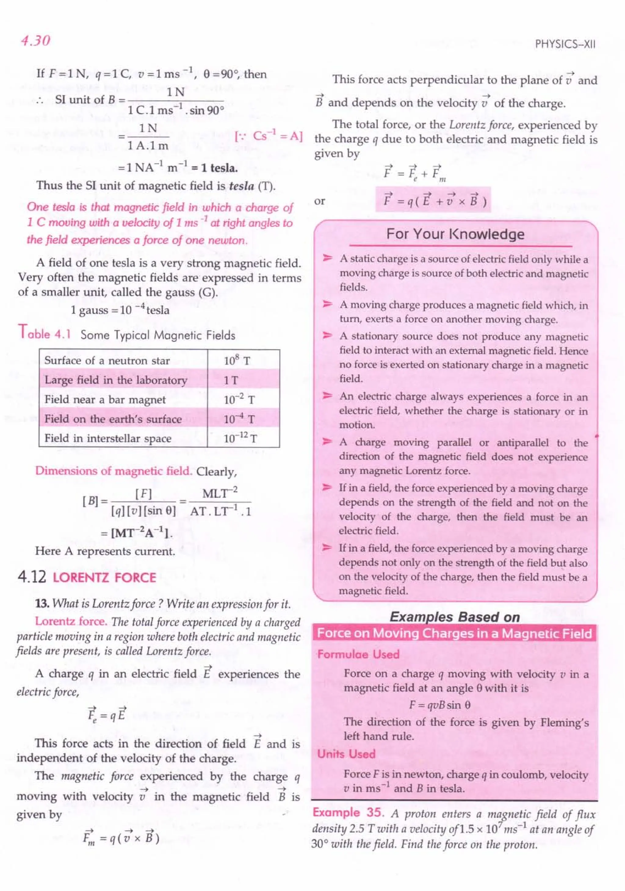 4.30
IfF=lN, q=lC, v=lms-
1
, 9=90°,then
Sl unit of B.e IN
1 C.1 ms-1
. sin 90°
IN
1A.1m
= 1 N A -1 m -1 = 1 tesla.
Thus the 51 unit of magnetic field is tesla (T).
One tesla is that magnetic field in which a charge of
1 C moving with a velocity of 1ms -1 at right angles to
the field experiences a force of one newton.
A field of one tesla is a very strong magnetic field.
Very often the magnetic fields are expressed in terms
of a smaller unit, called the gauss (G).
1 gauss = 10 -4tesla
Table 4.1 Some Typical Magnetic Fields
108
T
IT
10-2
T
10-4 T
1O-12
T
Surface of a neutron star
Large field in the laboratory
Field near a bar magnet
Field on the earth's surface
Field in interstellar space
Dimensions of magnetic field. Clearly,
MLr2
[B] = [F]
[q][v][sin 9]
= [Mr2A-1].
AT.Lr1
.1
Here A represents current.
4.12 LORENTZ FORCE
13. What is Lorentz force? Write an expression for it.
Lorentz force. The total force experienced by a charged
particle moving in a region where both electric and magnetic
fields are present, is called Lorentz force.
A charge q in an electric field E experiences the
electric force,
-t
This force acts in the direction of field E and is
independent of the velocity of the charge.
The magnetic force experienced by the charge q
-t -t
moving with velocity v in the magnetic field B is
given by
PHYSICS-XII
-t
This force acts perpendicular to the plane of v and
-t -t
B and depends on the velocity v of the charge.
The total force, or the Lorentz force, experienced by
the charge q due to both electric and magnetic field is
given by
-t -t -;::t
F =Fe+F nt
or
-t -;::t-t-t
F=q(c+vxB)
For Your Knowledge
~ A static charge is a source of electric field only while a
moving charge is source of both electric and magnetic
fields.
~ A moving charge produces a magnetic field which, in
turn, exerts a force on another moving charge.
~ A stationary source does not produce any magnetic
field to interact with an external magnetic field. Hence
no force is exerted on stationary charge in a magnetic
field.
~ An electric charge always experiences a force in an
electric field, whether the charge is stationary or in
motion.
~ A charge moving parallel or antiparallel to the
direction of the magnetic field does not experience
any magnetic Lorentz force.
~ If in a field, the force experienced by a moving charge
depends on the strength of the field and not on the
velocity of the charge, then the field must be an
electric field.
~ If in a field, the force experienced by a moving charge
depends not only on the strength of the field but also
on the velocity of the charge, then the field must be a
magnetic field.
. -. .
Formulae Used
Force on a charge q moving with velocity v in a
magnetic field at an angle ewith it is
F = qvBsin e
The direction of the force is given by Fleming's
left hand rule.
Units Used
Force F is in newton, charge q in coulomb, velocity
v in ms-1
and B in tesla.
Example 35. A proton enters a magnetic field of flux
density 2.5 Twith a velocity of1.5 x 107 ms-1
at an angle of
30° with the field. Find the force on the proton.
 